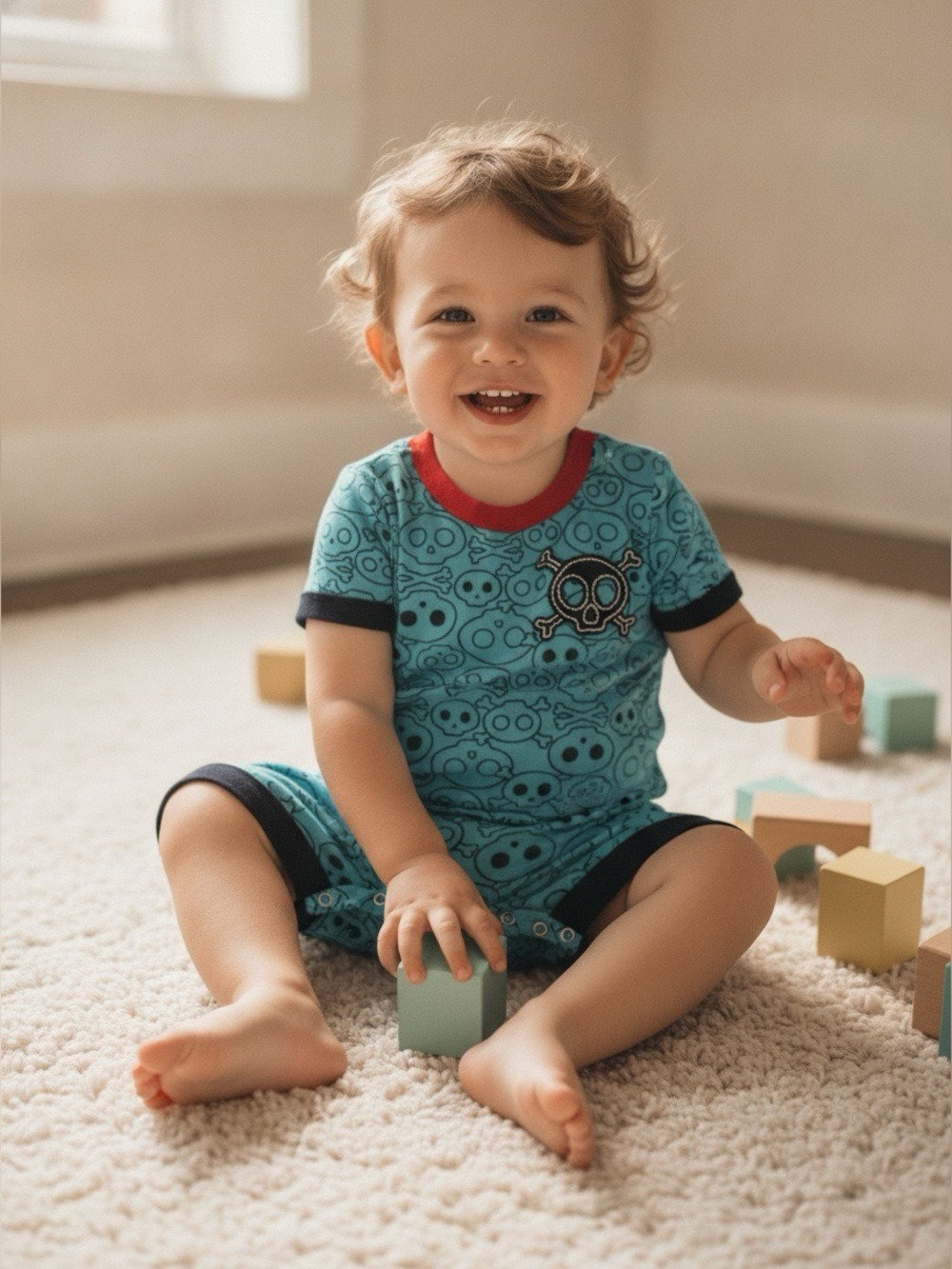 Koala Baby Boys Turquoise Blue Skull & Crossbones Short Sleeve Romper Size 9-12M
